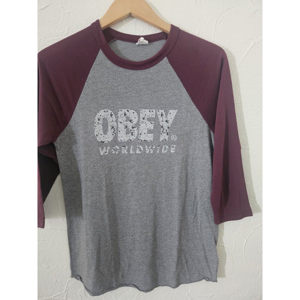 Obey Worldwide Men’s Size S Gray & Maroon 3/4 Sleeve Baseball Style Shirt